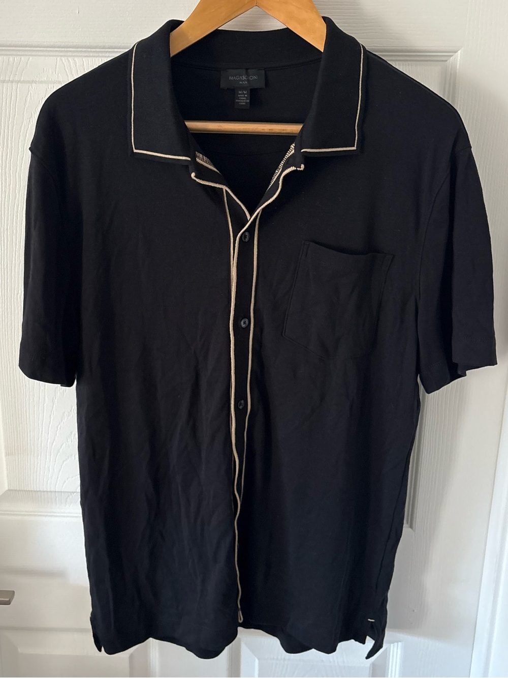 Magaschoni Man Black Knit Resort Shirt Button Down Cream Piping Size M